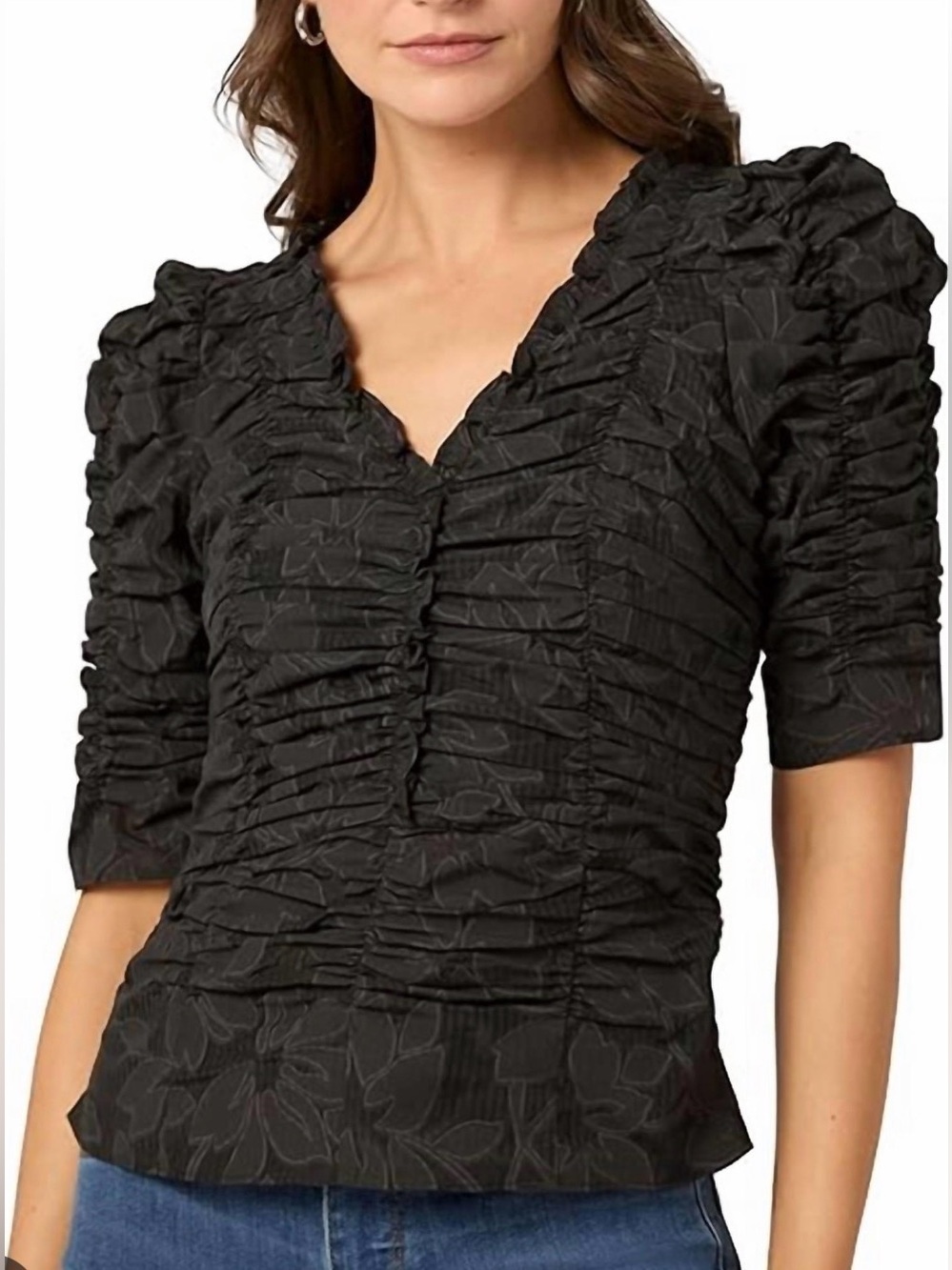 Shoshanna Piper Burnout Black Ruched V-Neck Women’s Top XS NEW NWT